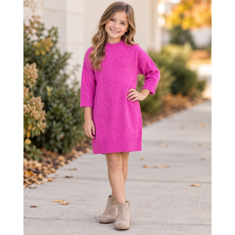 Zara Kids Girls Hot Pink Mock Neck Knit Sweater Dress Barbie Size 9-10 Fuchsia